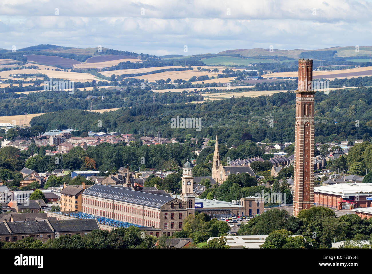 Landscape view of 'The Stack' retail leisure park and the 1800`s 'Cox`s Stack' Camperdown Works Jute Mill in Lochee Dundee, UK Stock Photo